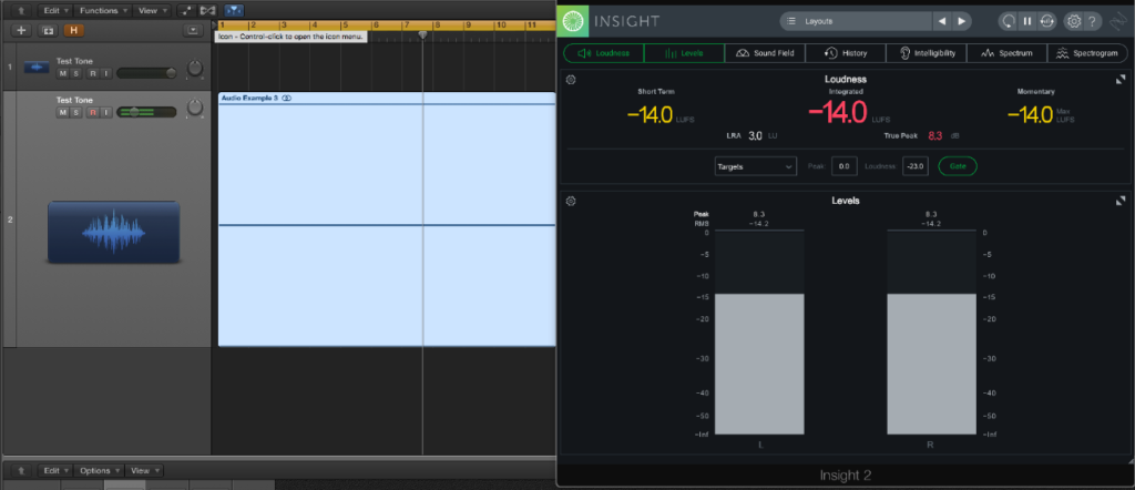 Gain staging test con iZotope Insight